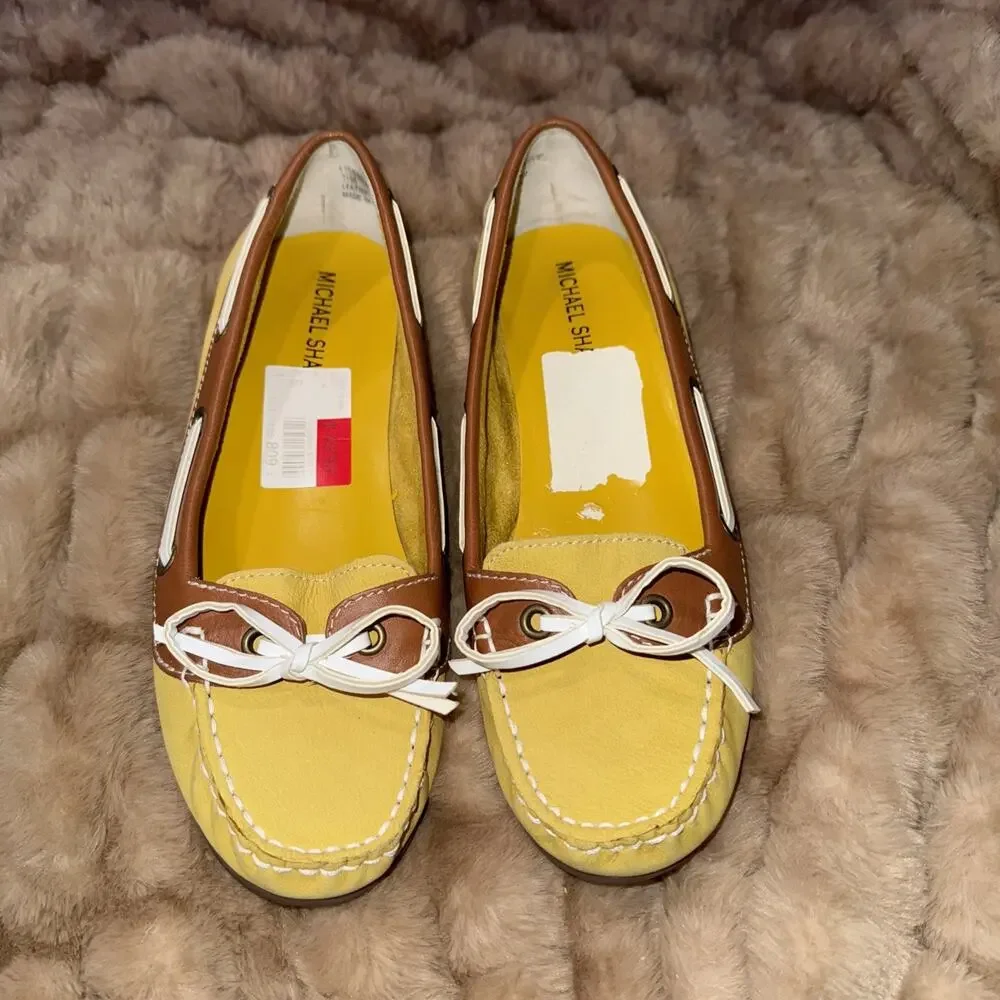 Michael Shannon Loafers Yellow Leather Topstitched W. White Laced Trim,Sz 7.5M